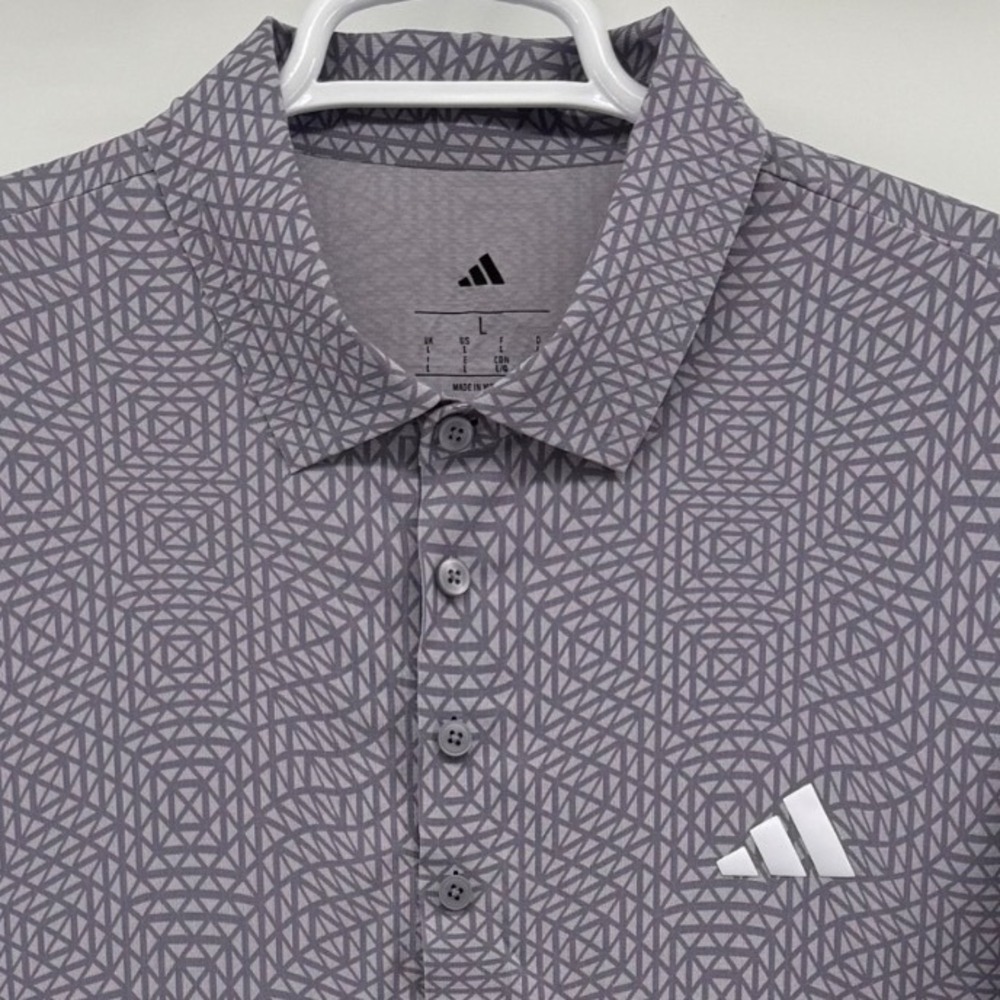 Adidas Golf Polo Large Grey Purple Geometric Grid PGA Tour Issue Andrew Novak
